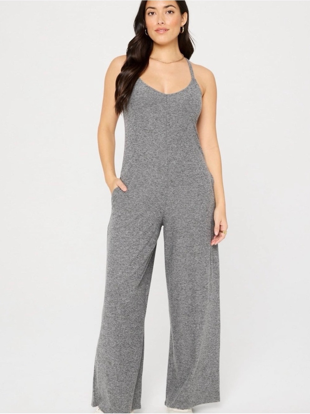 Fabletics Women’s Cloud Jersey Wide Leg Gray Jumpsuit Size XL EUC